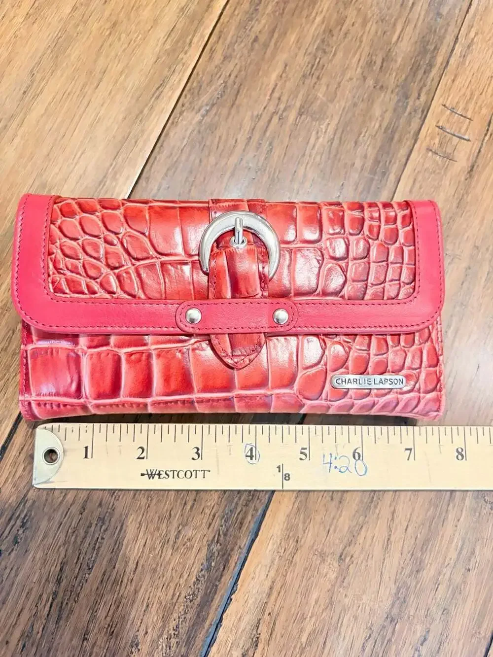 Charlie Lapson Red Crocodile Embossed Leather Hobo Bag and Matching Wallet Set